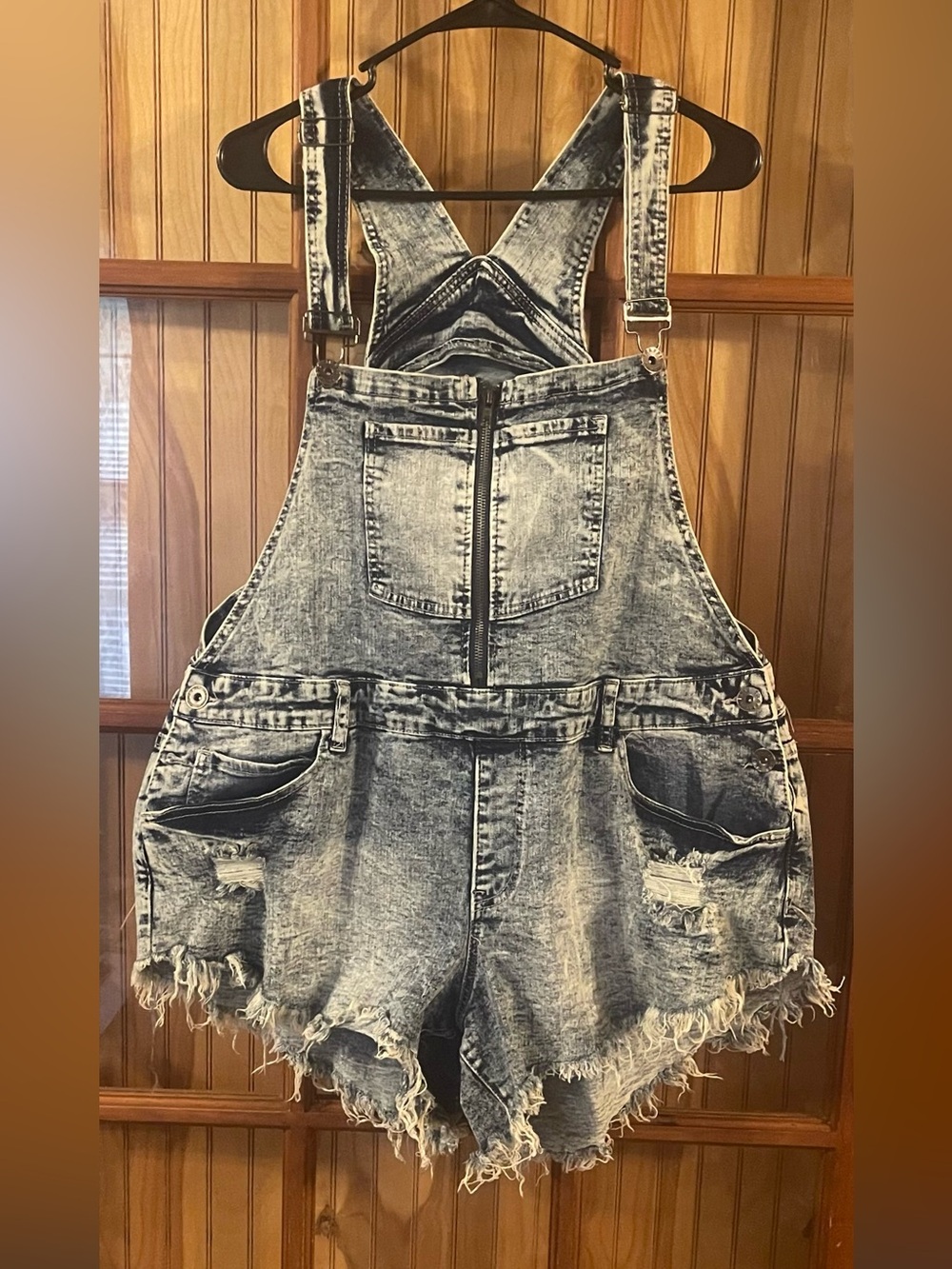 Distressed Acid Wash Denim Short Overalls